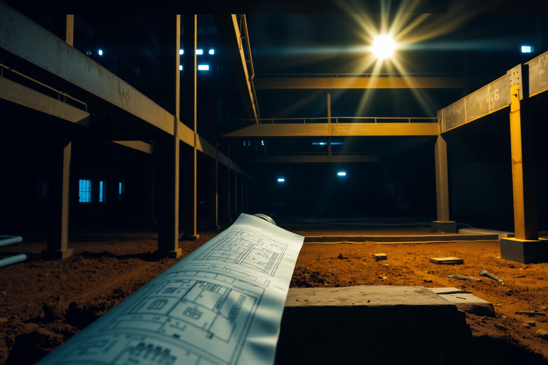 Estrutura em obra com plantas técnicas